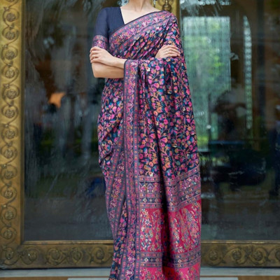 Navy Blue & Pink Floral Zari Silk Blend Banarasi Saree