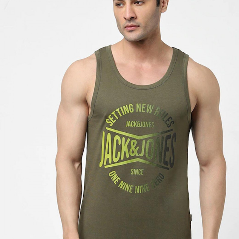 Men Green Printed Cotton Innerwear Gym Vests