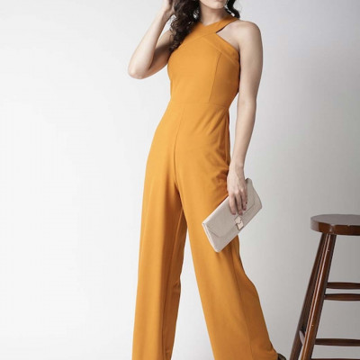 Women Mustard Yellow Solid Basic Jumpsuit