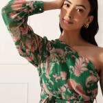 Green & Pink Floral One Shoulder Chiffon Dress