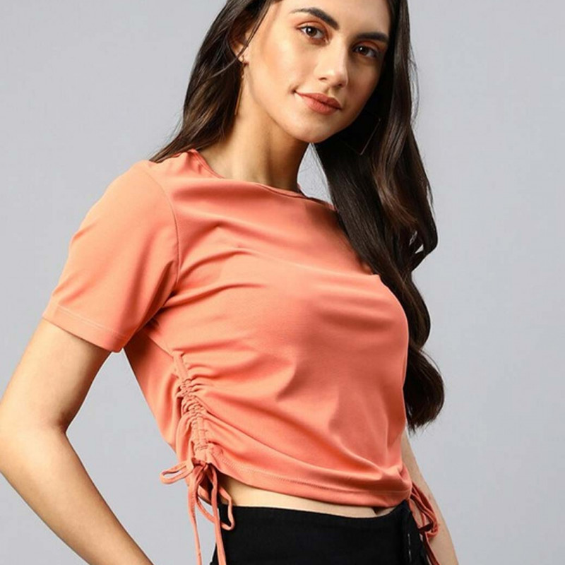 Peach Solid Round Neck Crop Side Tie Ups Top