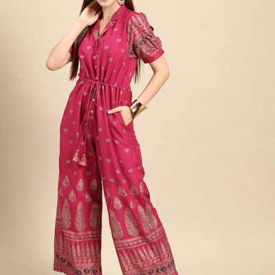 Women Magenta & Golden Ethnic Motifs Printed Basic Jumpsuit