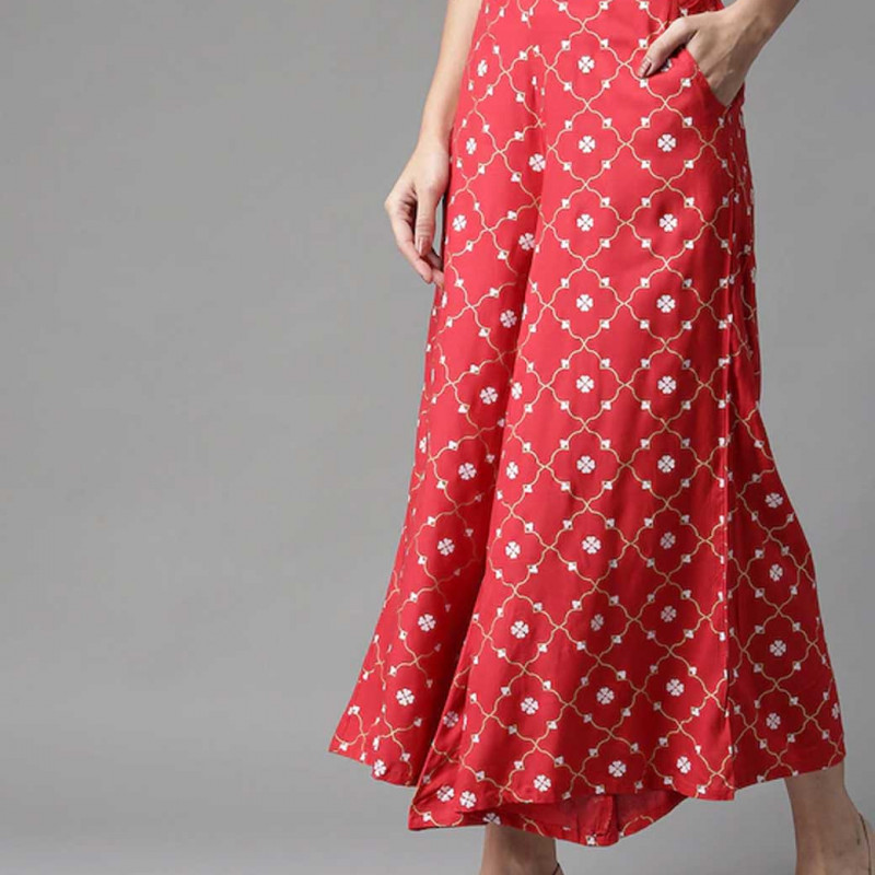 Women Red & White Printed Wide Leg Palazzos