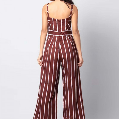 Women Maroon & White Striped Basic Jumpsuit