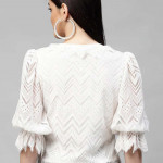 White Tie-Up Neck Puff Sleeves Lace Top