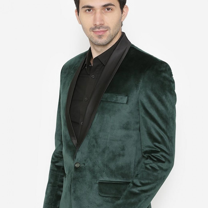 WINTAGE Men Green Solid Single-Breasted Velvet Blazer